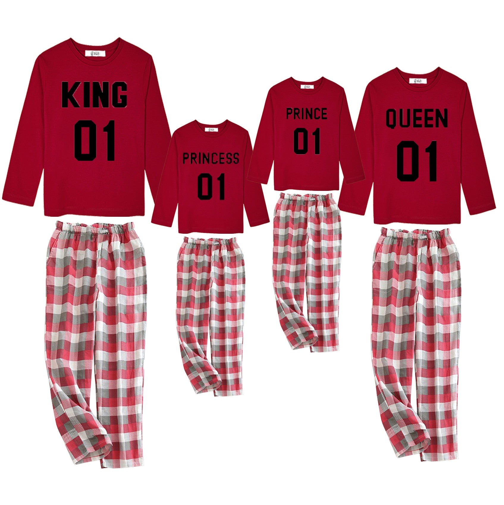 Pijama King-Queen-Prince-Princess camiseta y pantalón rojo letras negras
