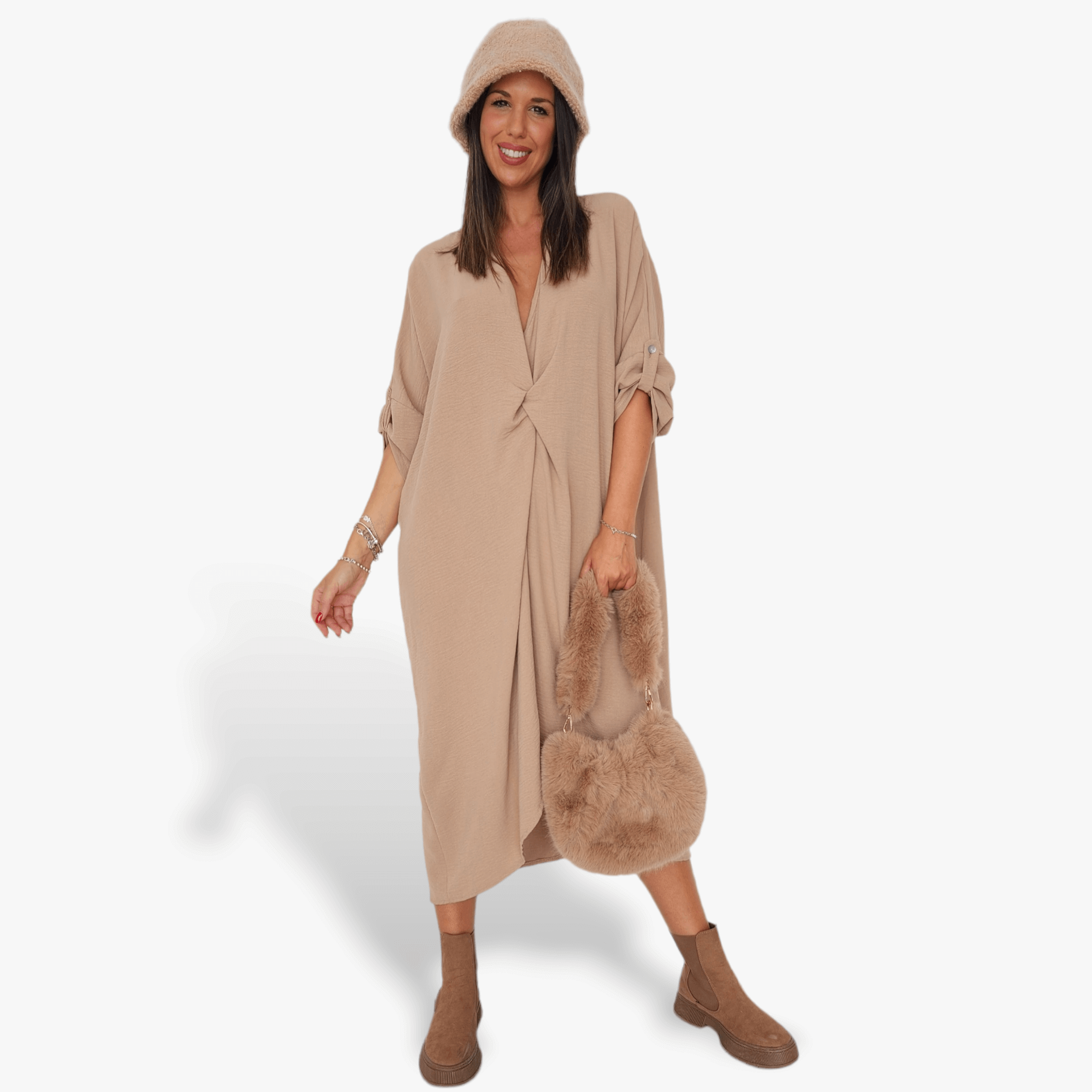 Vestido Norma Camel manga larga