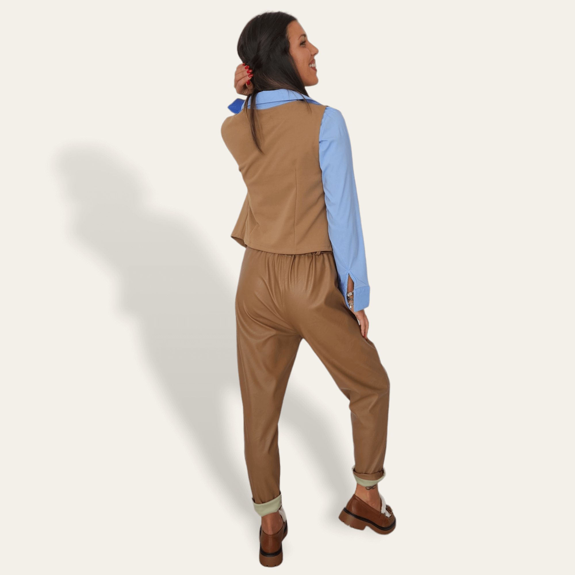 Camel leather effect pants