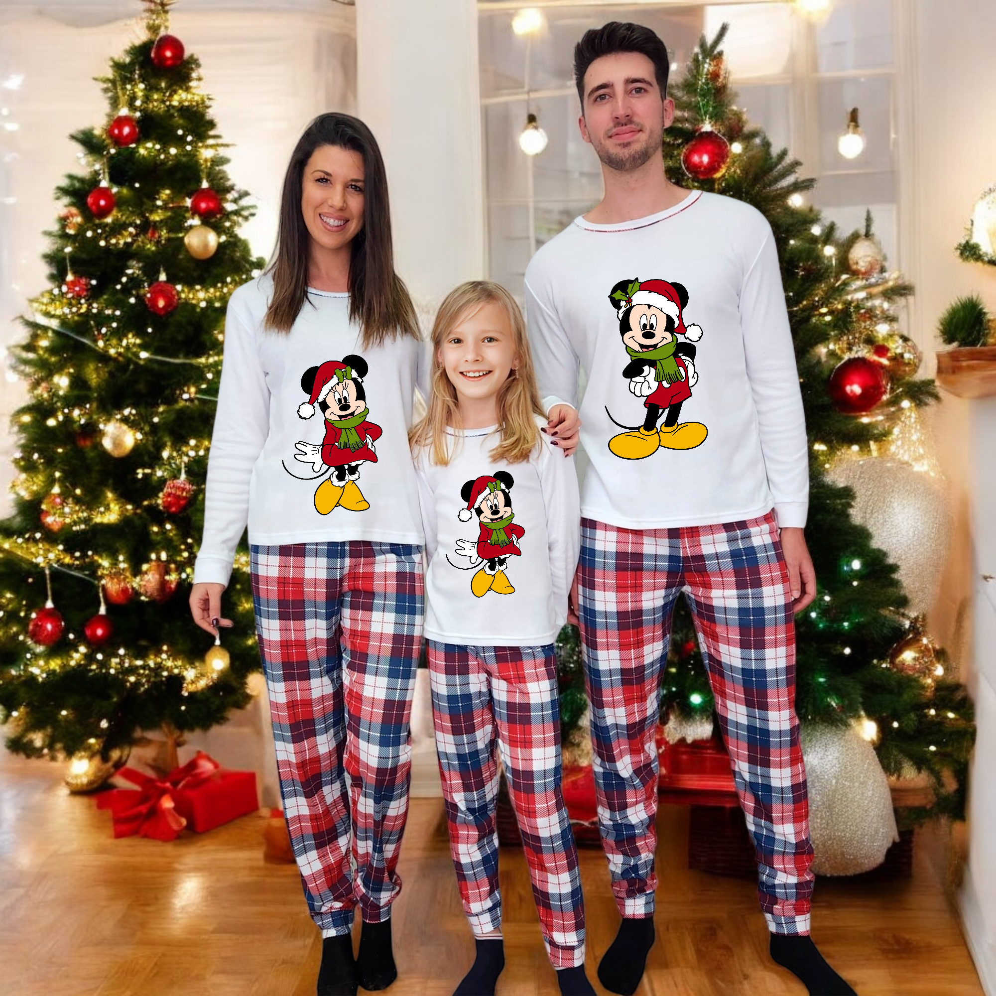 Pijama cuadros Mickey Minnie Happy Christmas Blanco