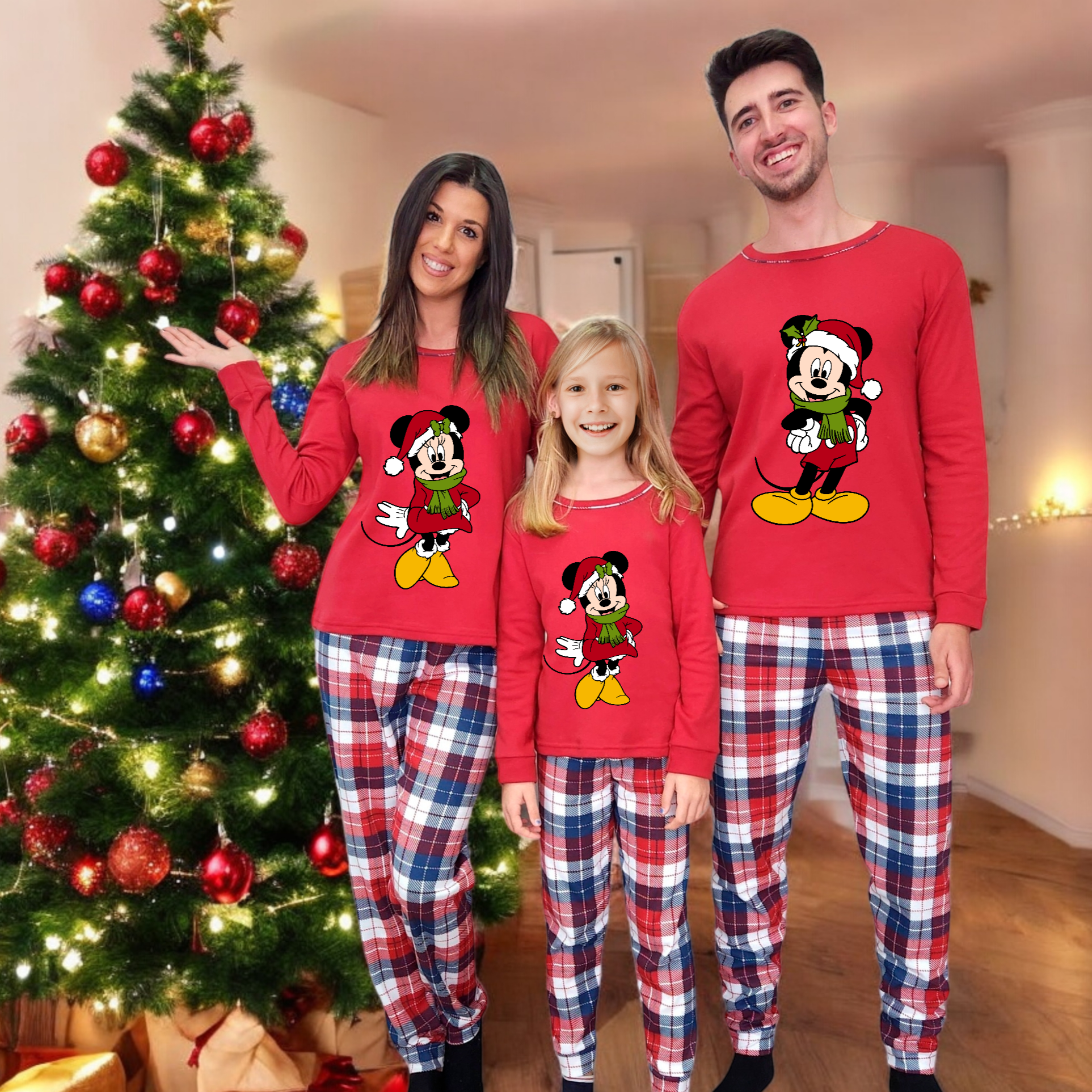 Pijama cuadros Mickey Minnie Happy Christmas rojo