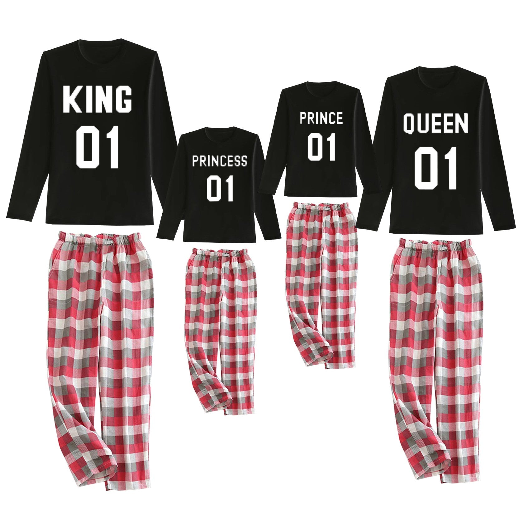 Pijama King-Queen-Prince-Princess camiseta negra y pantalón rojo letras blancas