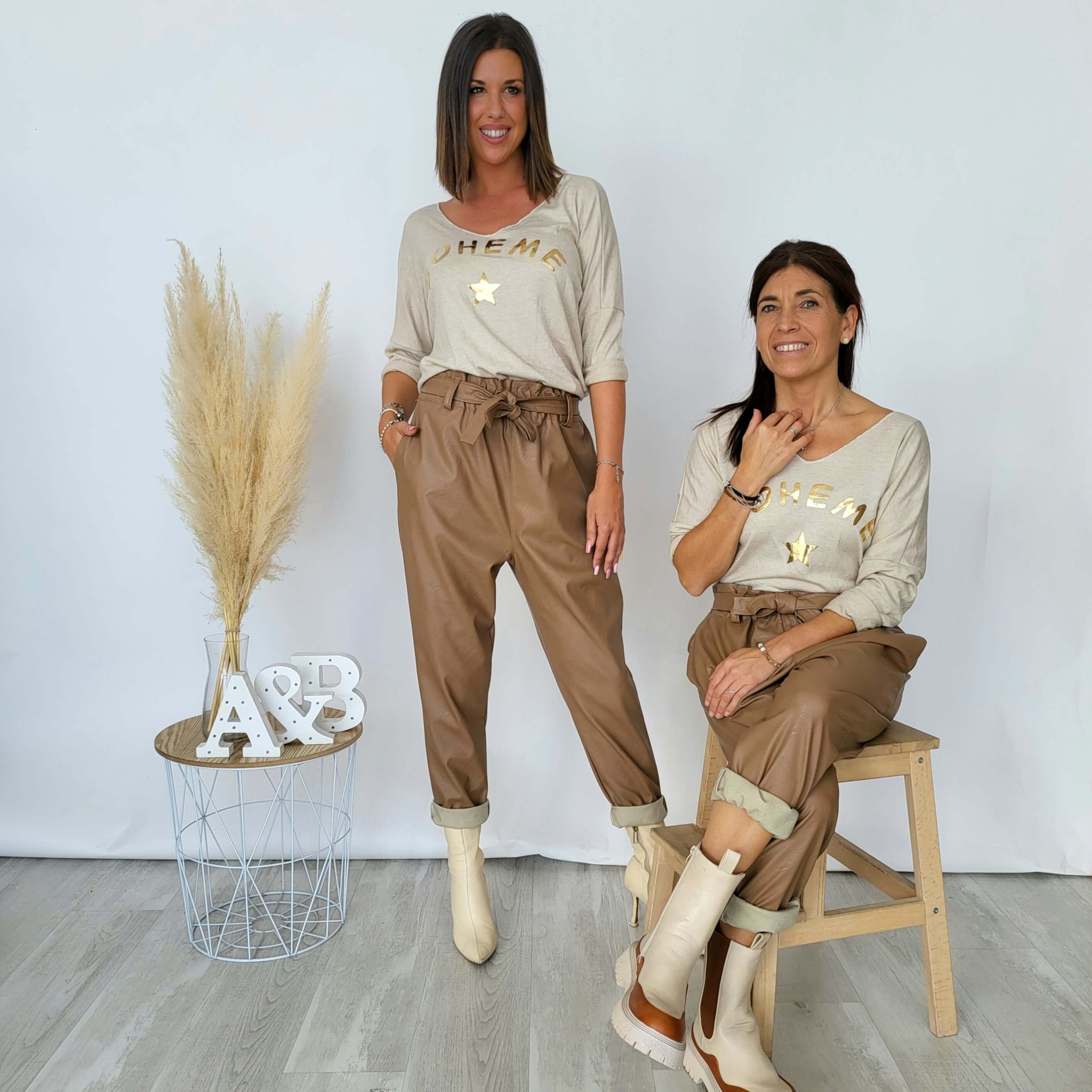 Camel leather effect pants